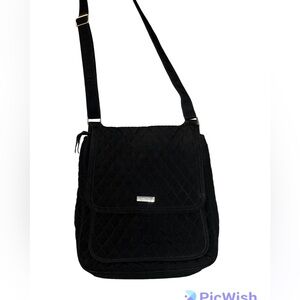 Vera Bradley Iconic Quilted Messenger Bag Black With Go Wild Pattern Lin…